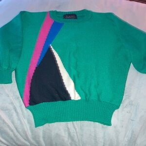Vintage Valeria wool sweater. Bat sleeves. Bright green w/design Imported Size L